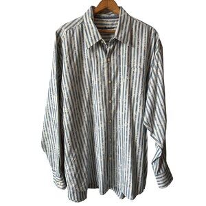 Tommy Bahama Silk Shirt Blue White Stripe Button-Up Palms Embroidery Cotton  XXL